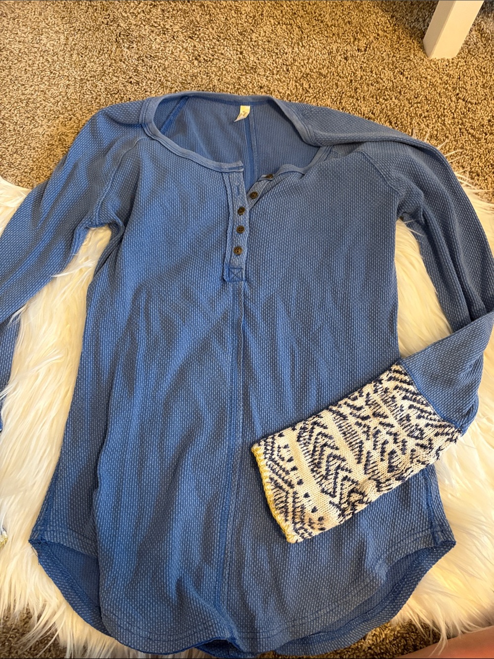 Free People Blue Waffle Henley with Patterned Cuff